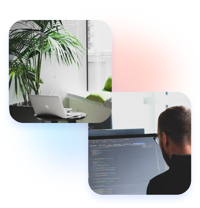 Composite image of a man at a computer and a laptop on a desk